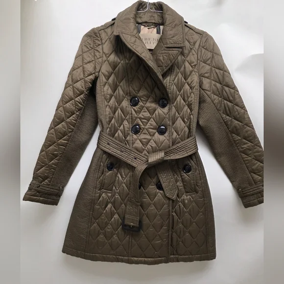 Burberry Quilted Double-Breasted Olive Trench Coat - Picture 2 of 8